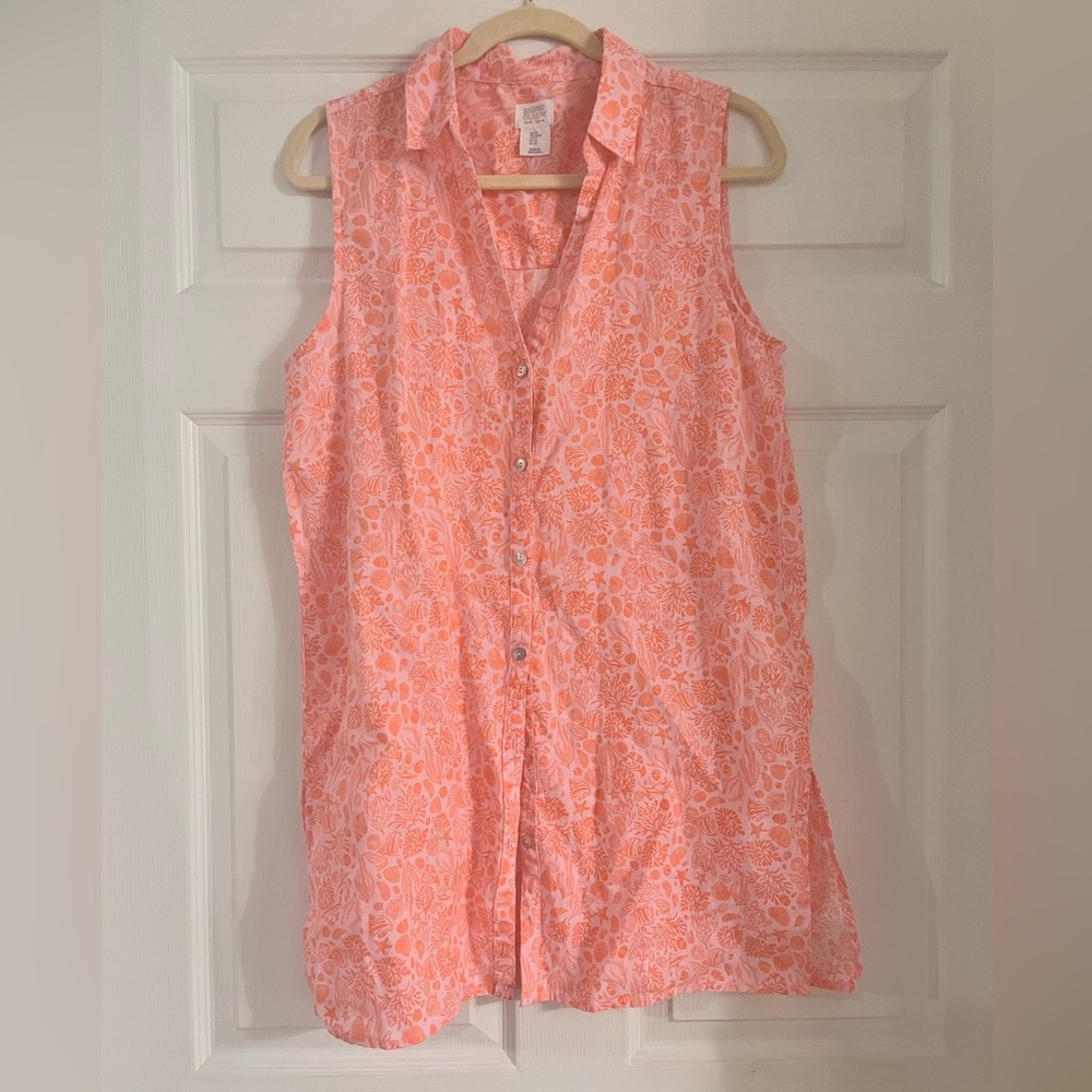 Sigrid Olsen sleeveless‎ button down linen tunic shirt top coral pink shells M